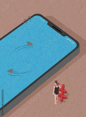 Woman with inflatable hashtag symbol beside shark infested smartphone swimming pool