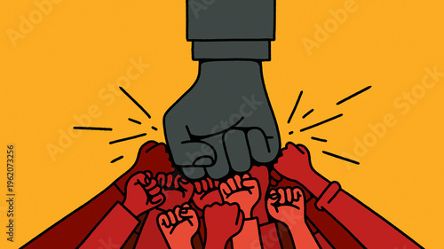 Large fist crushing lots of small fists
