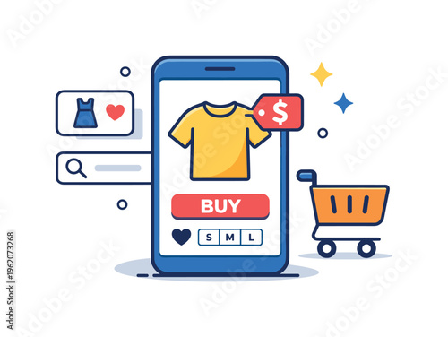 E-commerce fashion browsing and purchasing concept highlighting digital shopping and product selection through modern interfaces, a smartphone displaying a clothing item paired