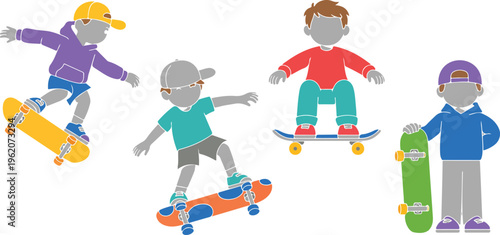 Young Boys On Skateboards Vector Illustration Set Featuring Active Children Skating And Holding Boards In Casual Urban Outfits. (19 words)