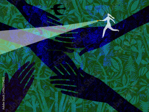 Woman with torch finding the way forward with helping hands