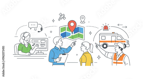 An emergency management and communication concept illustrating dispatch centers as hubs for coordinating services, showing professionals directing operations around three key