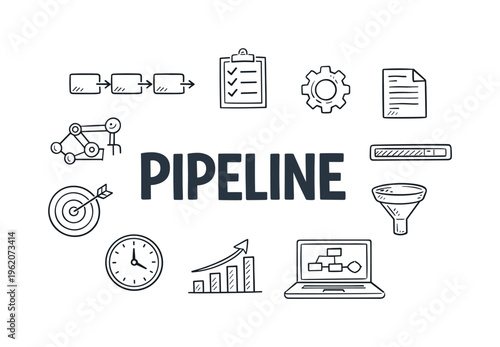 Digital workflow pipeline and process flow optimization concept focused on visualizing stages, managing transitions and improving efficiency across structured