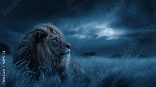 African lion savannah night moonlight landscape king animal majestic proud wildlife fantasy staring at stars dramatic sky nature wilderness concept