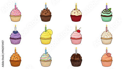 Modern Birthday Cupcake Vector Set Flat Style Muffin Collection with Unique Candles for Party Invitations and Bakery Branding