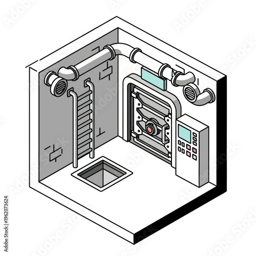 Isometric Vault Room Illustration with Ladder and Pipes.
