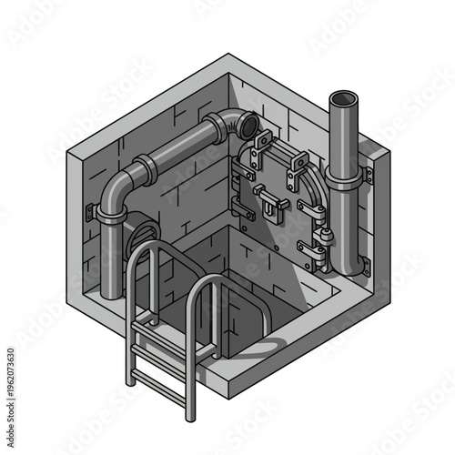 Isometric Illustration of Underground Utility Access Point with Ladder.