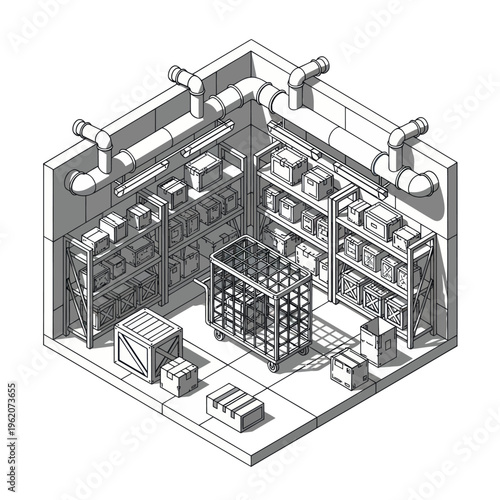Isometric view of a storage room with shelves and boxes.
