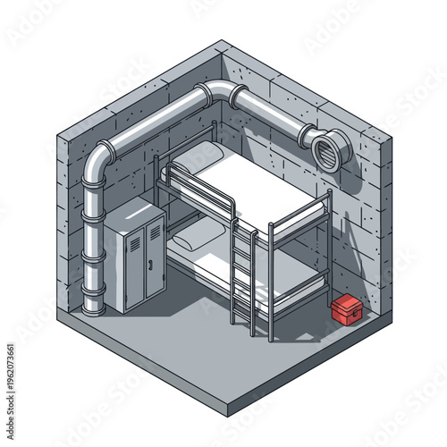 Isometric Illustration of a Bunker Room with Bunk Bed and Ventilation.