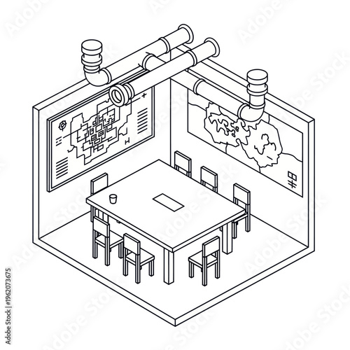 Isometric Meeting Room with Maps and Pipes Line Art.