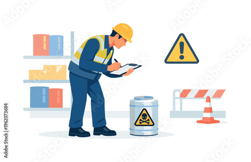 Industrial risk management scenario showing a worker identifying and controlling dangerous goods in a storage environment to maintain safety standards, with a character inspecting