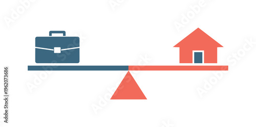 Minimalist geometric vector composition representing work-life balance: a bold seesaw or balance beam shape centered on a triangle fulcrum, with a small