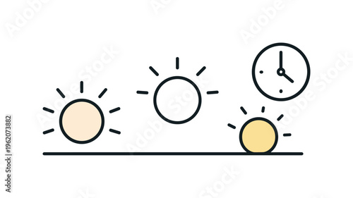 Adapting to seasonal daylight changes and maintaining consistent daily rhythm emphasizing balance and awareness, a simple horizon line with a shifting sun position and a small