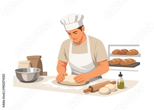 A bakery preparation scene where a baker carefully shapes and prepares fresh dough in a clean kitchen environment focused on daily production, a person