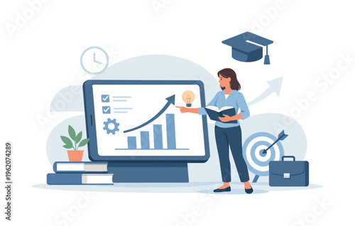 A digital learning and professional development scene with an engaged employee interacting with a large tablet and a simple graduation cap symbol, expressing continuous skill