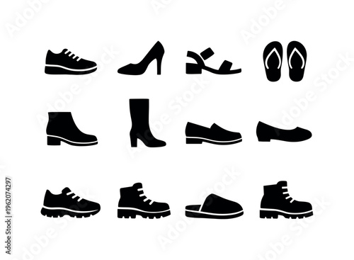 Footwear types: sneakers, high heels, sandals, flip flops, ankle boots, knee high boots, loafers, ballet flats, running shoes, hiking boots, slippers, work boots