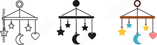 Vector set of baby crib mobile icons with moon stars and hearts featuring three distinct styles including line art silhouette and colorful flat design