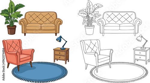 Vector interior furniture set featuring sofa armchair rug plant and bedside table with lamp in both colorful flat design and black line art.