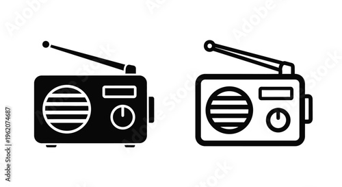 Two black and white illustrations depicting a vintage portable radio