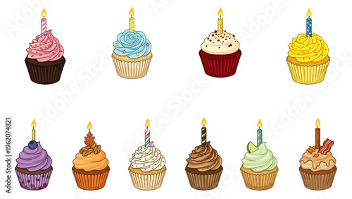 Gourmet Cupcake Vector Bundle Minimalist Muffin Collection with Festive Birthday Candles for Boutique Bakery Branding and Party Invitations