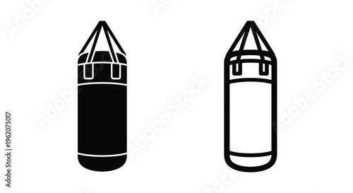 Two black and white illustrations of hanging boxing punching bags