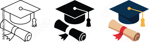 Graduation cap and diploma scroll icons in line art silhouette and flat color styles for education and academic success design.