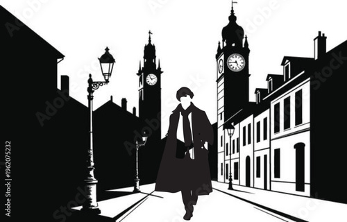 Sherlock Holmes Silhouette: Victorian London Street Noir Vector Illustration