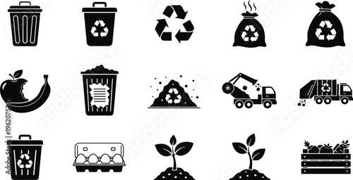 Waste recycling and compost icons set featuring bins organic waste trucks sustainability environmental protection eco friendly vector illustration collection