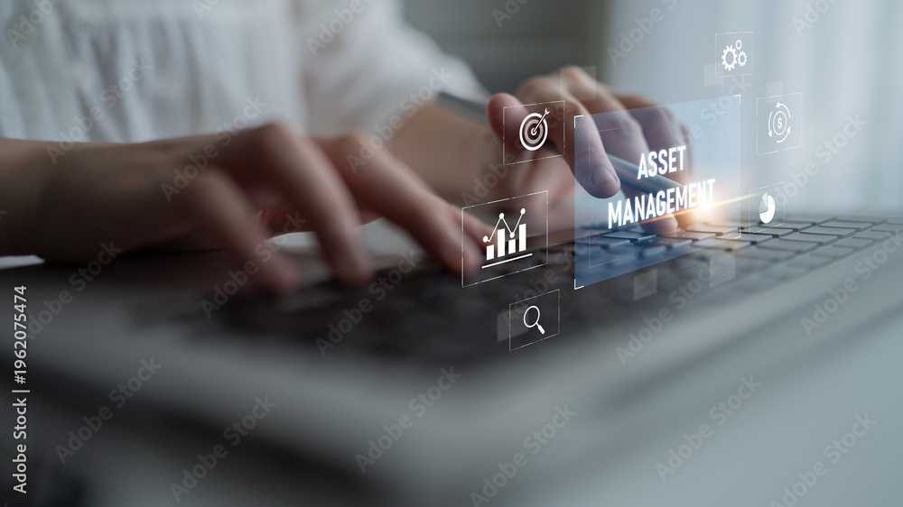 Naklejka premium Asset management system showing investment planning, financial goal tracking, ROI analysis, and performance monitoring for efficient resource utilization Latch