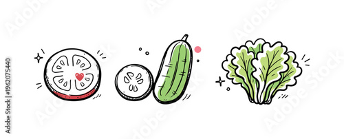 Simple salad ingredients theme  a horizontal row of 3 related hand-drawn objects on a white background, featuring a sliced tomato with a tiny red heart seed