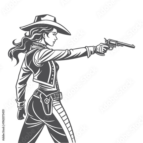 A vintage style illustration of a cowgirl aiming a revolver with determination