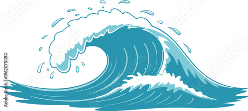 Blue Ocean Wave Vector Illustration Featuring Large Crushing Sea Waves With Splashes For Surf Summer And Marine Background. (19 words)