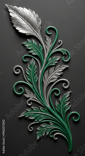 Ornamental flourish featuring silver and green leaves on a dark background, showcasing elegant botanical motif, suggestive of natural beauty and decoration