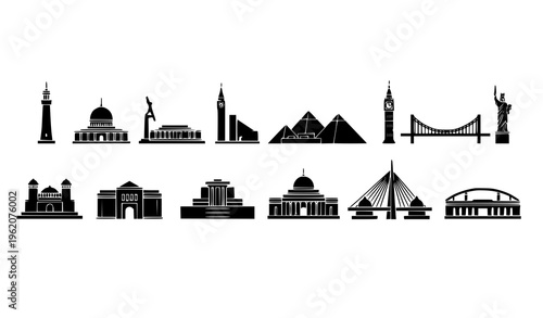 Famous world monumental landmarks black silhouette icon set isolated on white background vector