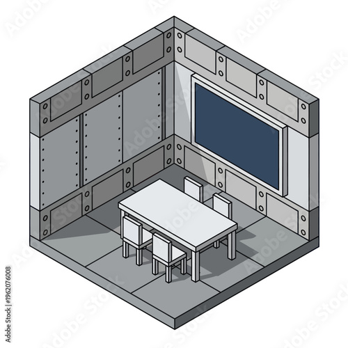 Isometric Meeting Room Illustration with Table, Chairs, and Screen.