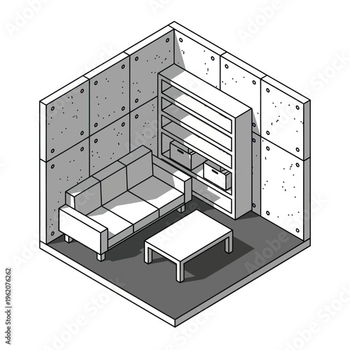 Isometric Room Interior with Concrete Walls, Sofa, Bookshelf, and Table.