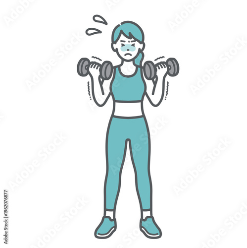 ダンベルトレーニングに苦戦する辛そうな女性