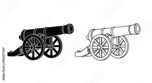 Two black and white illustrations of antique cannons on wheels