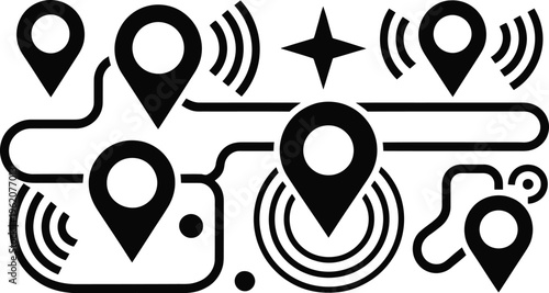 Navigation map vector icon with location pin points signals and path routes for global positioning tracking and digital travel technology.