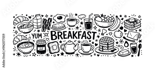 Breakfast theme  a dense horizontal doodle collage of  hand-drawn breakfast food and morning objects tightly packed on a white background like a flowing