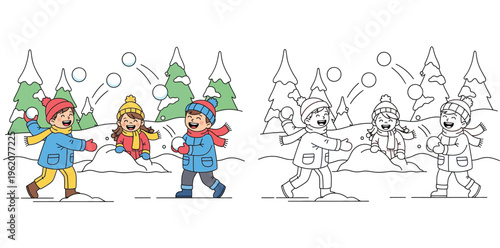Children Having a Snowball Fight in Winter Landscape with Coloring Page Version, Cute Kids Playing Outdoors in Snow Vector Illustration for Kids Activities and Christmas Season