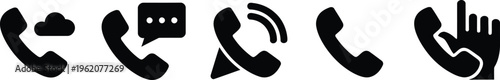 Set of five black telephone handset icons showing various communication modes like messaging calling and touch interactions isolated on white background