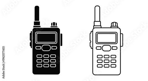 Two black and white illustrations of modern walkie talkie radios