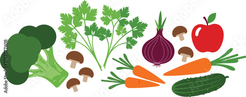 Organic vegetable and fruit vector composition. Flat illustrations of broccoli, fresh parsley, red onion, carrots, cucumber, apple, and mushrooms for healthy food design.