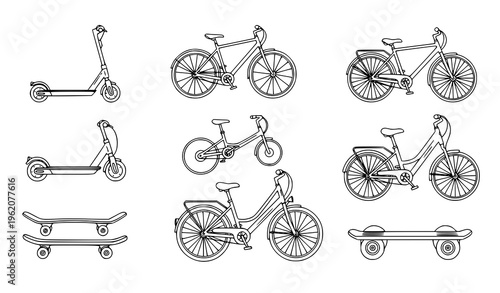 Modern personal transport devices vector collection electric scooters bikes skateboards eco mobility