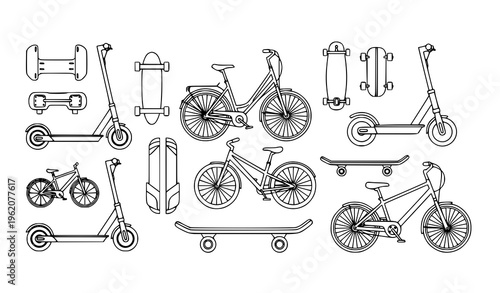 Urban eco transport icons set with scooter bicycle skateboard balance board modern vehicle vector