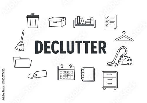 Simple decluttering and workspace organization concept centered on removing unnecessary items, structuring environment and creating a clean productive space for