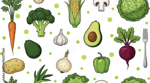 Organic vegetable pattern background. Vintage vector illustration of carrot, broccoli, avocado, beetroot, corn, and garlic with fork for restaurant and kitchen design.