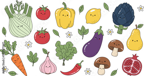 Cute vegetable and fruit vector character set. Kawaii illustrations of fennel, eggplant, pomegranate, mushrooms, and carrot with funny faces for children's design.