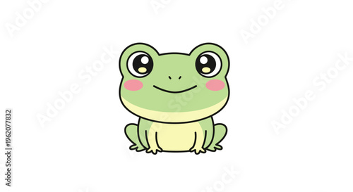 Smiling Green Cartoon Frog Character Sitting.